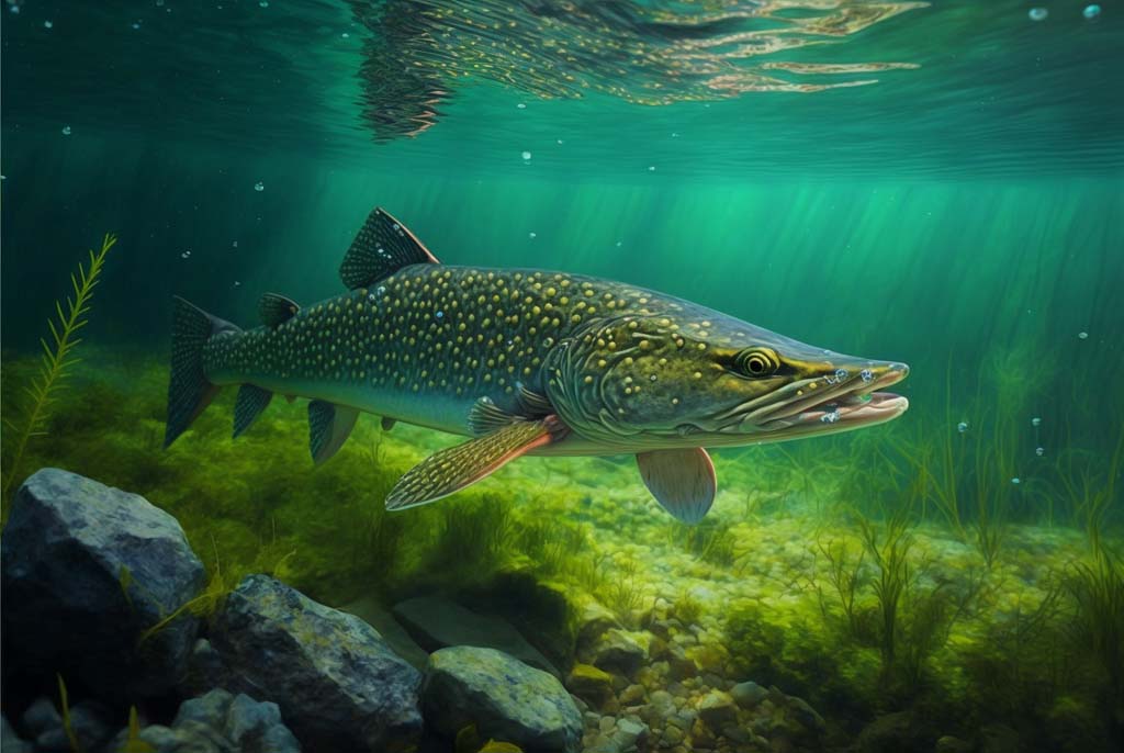 Hecht (Esox lucius) Ansitzjäger unter dem Wurzelwerk